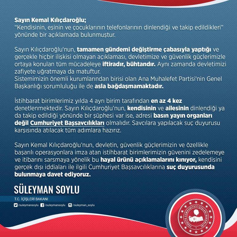 Son dakika haberler: İçişleri Bakanı Süleyman Soyludan Kılıçdaroğlunun iddialarına yanıt
