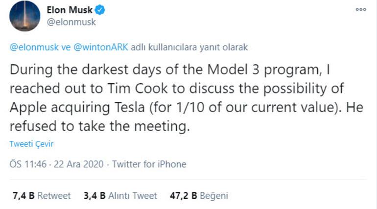 "Tesla'yı Apple'a satacaktım, Tim Cook istemedi"