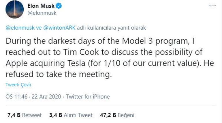 "Tesla'yı Apple'a satacaktım, Tim Cook istemedi"