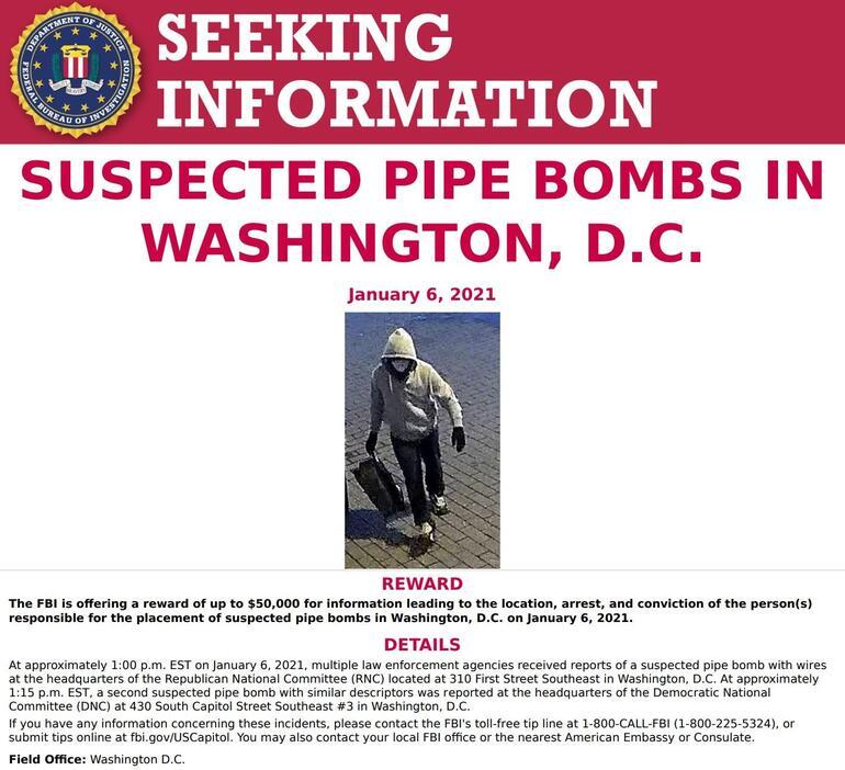 FBI, Kongre binası yakınındaki bombalarla ilgili şüpheliler için 50 bin Dolar ödül koydu