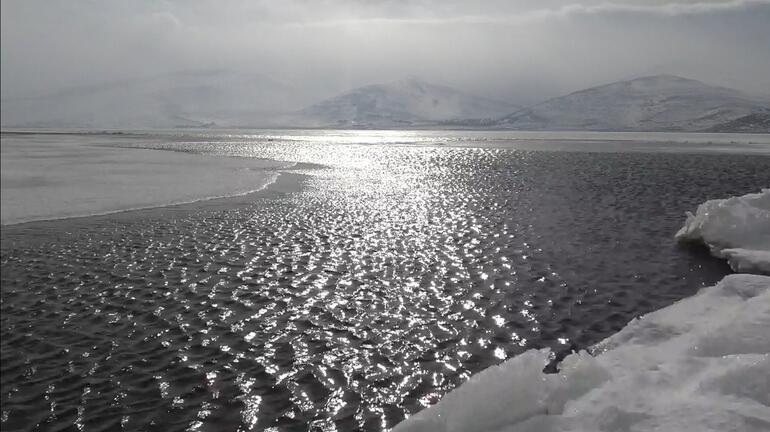 Çıldır Gölü'nde iki farklı manzara; bir yanı çözüldü, bir yanı hala buzlu