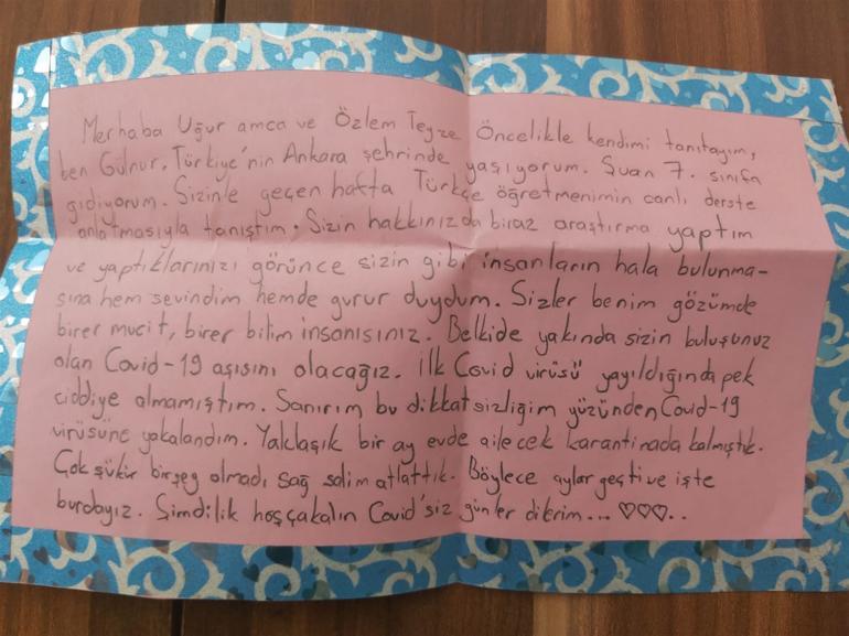 Prof. Dr. Uğur Şahin ve eşi Dr. Özlem Türeci’ye öğrenci mektubu