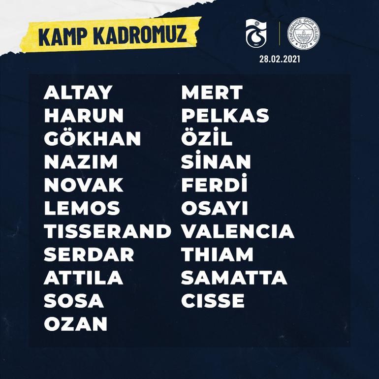 Son Dakika | Fenerbahçenin Trabzonspor maçının kamp kadrosu açıklandı İrfan Can, Gustavo ve Caner Erkin...