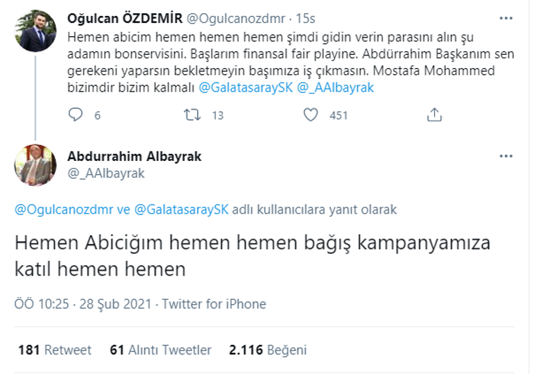 Abdurrahim Albayrakdan Mostafa Mohamed mesajı Hemen abiciğim...