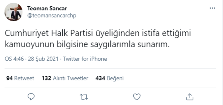 CHP Denizli milletvekili Teoman Sancar partisinden istifa etti