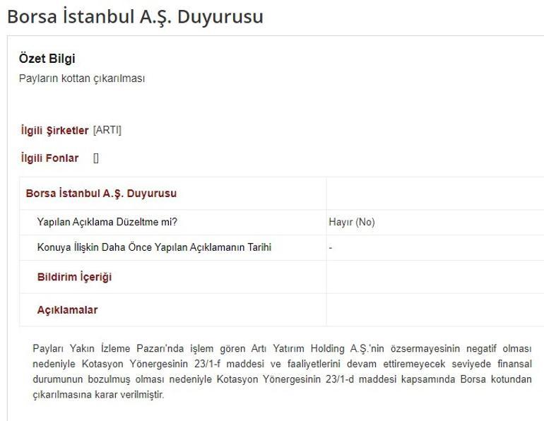 Artı Yatırım Holding, Borsa İstanbul'dan atıldı