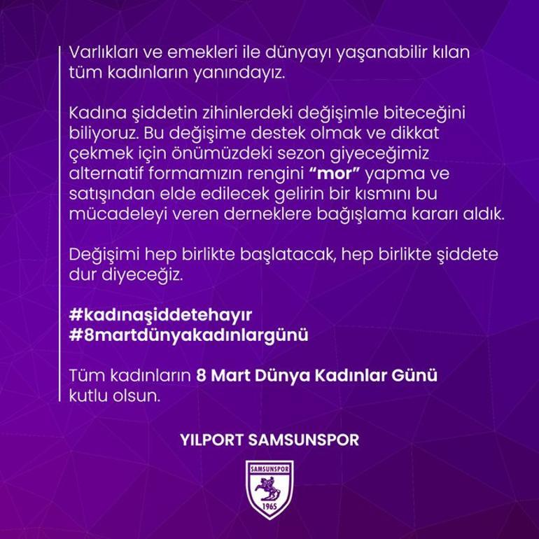 Samsunspor'da "Kadına şiddete dur" mesajı için mor forma