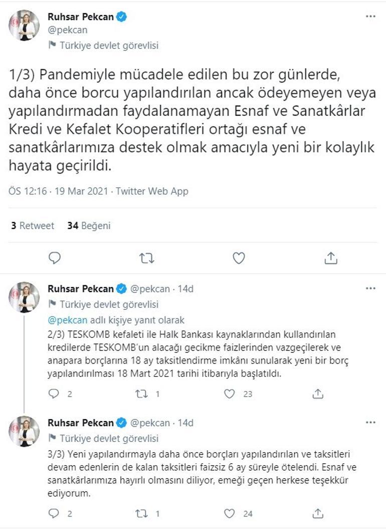 Bakan Pekcan açıkladı Esnafın borçları yapılandırılıyor