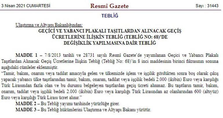 Son dakika... Resmi Gazete'de yayımlandı! Yurt dışından bakım ve tamire gelen otomobil sahipleri dikkat