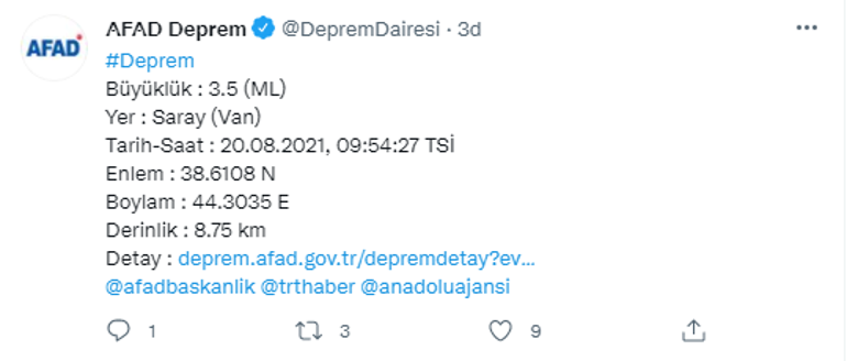  Vanın Saray ilçesinde 3.5 büyüklüğünde deprem