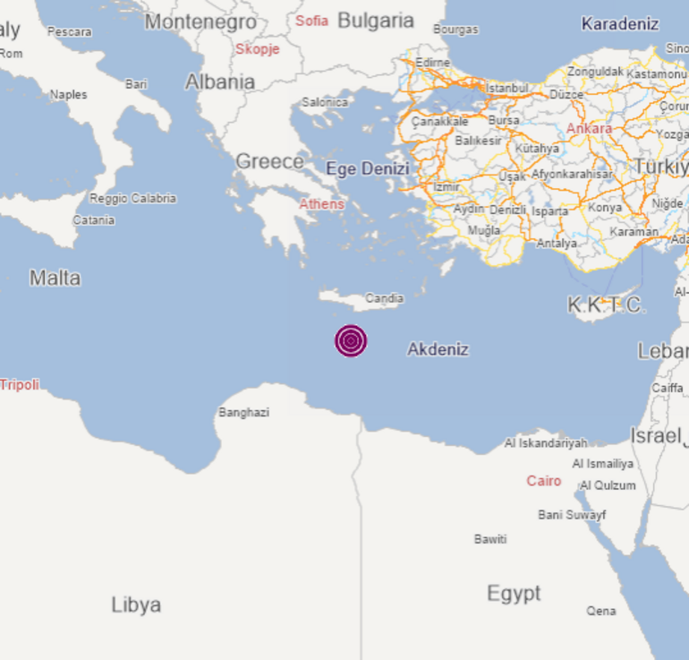 Son dakika: Akdenizde Girit Adası açıklarında 5,5 büyüklüğünde deprem