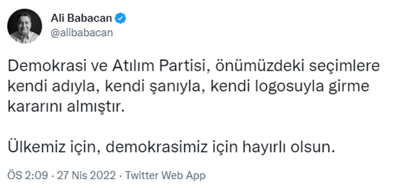 Ali Babacan: DEVA Partisi, seçimlere kendi adı ve kendi logosuyla girecek