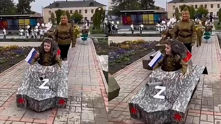 Beklenen gün geldi, Rusyadan ilginç görüntüler...Rus çocuklar askeri üniformalarla karton tanklara bindi