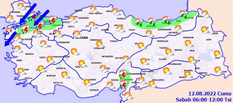Son dakika hava durumu tahminlerini Meteoroloji yayınladı Yarın (12 Ağustos) hava nasıl olacak İl il hava durumu uyarıları