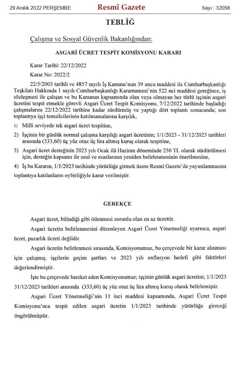 Asgari ücret kararı Resmi Gazetede