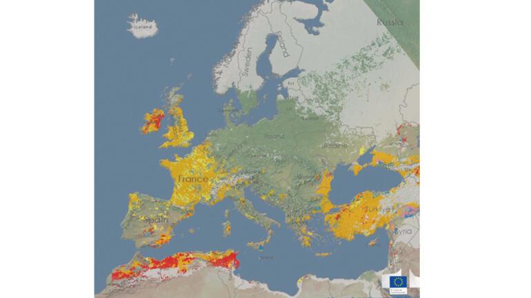 Avrupa Kuraklık Gözlemevi, Şubat 2023. Sarı: Az yağış, Turuncu: Kurak, Kırmızı: Aşırı kurak