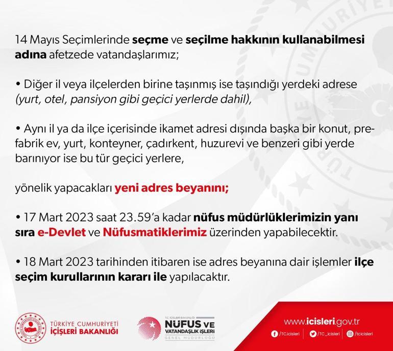 Son dakika... İçişleri Bakanlığı açıkladı: Oy kullanacak afetzedeler dikkat Adres beyanı nasıl yapılacak