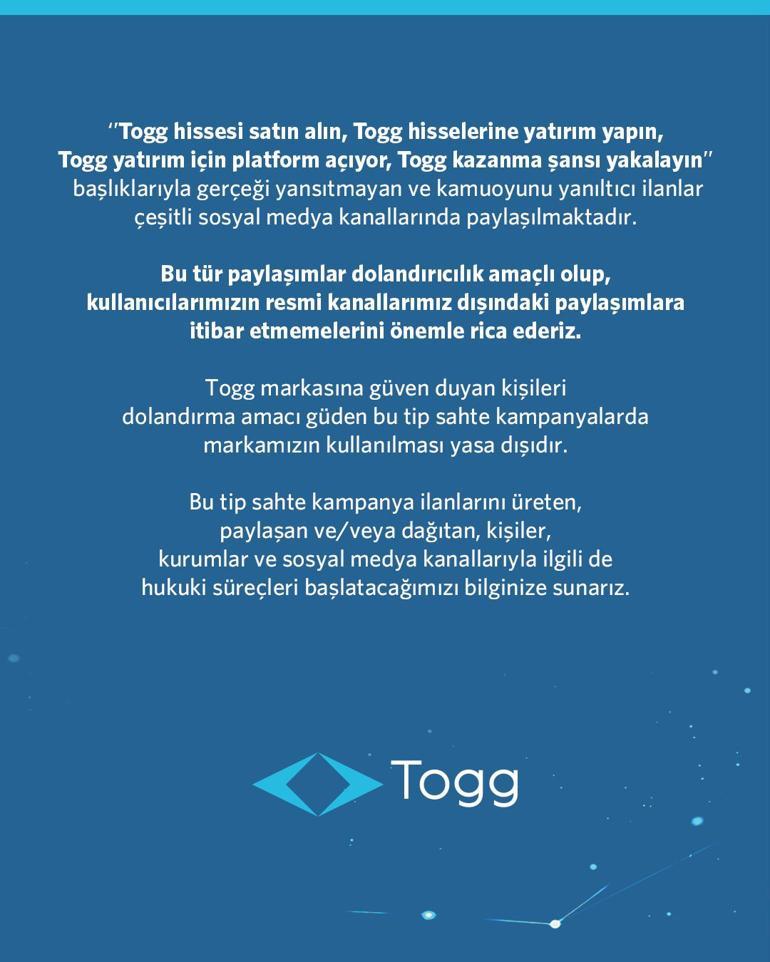 Togg'dan dolandırıcılık uyarısı: Bu ilanlara itibar etmeyin