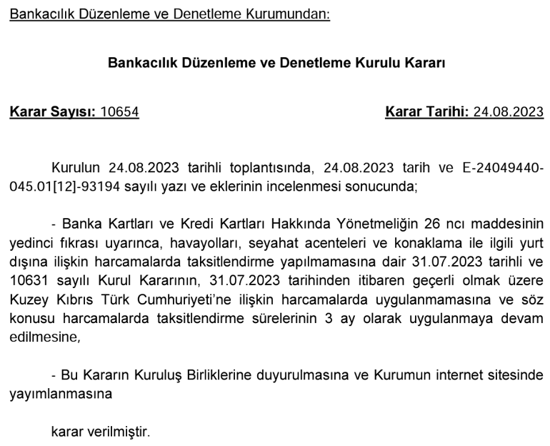 BDDKdan çok önemli KKTC kararı Taksitli seyahat harcaması yapılabilecek