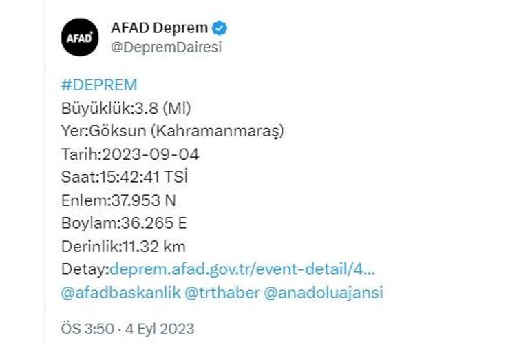 Kahramanmaraş Göksunda 3.8 büyüklüğünde deprem