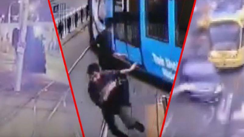 İstanbul’da tramvay yollarındaki ilginç kazalar kamerada