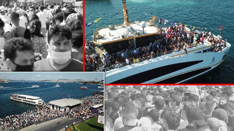 Eminönü'nde iskeleler ve vapurlardaki yoğunluk havadan görüntülendi