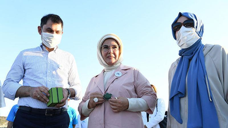 Emine Erdoğan ve Bakan Kurum, tedavisi tamamlanan kaplumbağaları denize uğurladı
