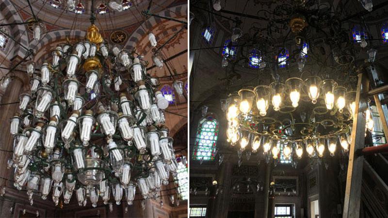 Laleli Camii'nin avizesine takılan tasarruflu ampuller tartışmaya neden oldu