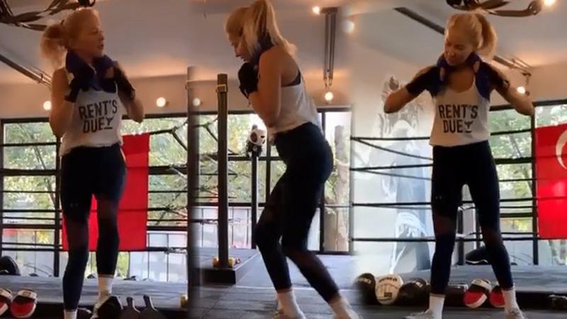 Burcu Esmersoy spor salonunda kolbastı oynadı.