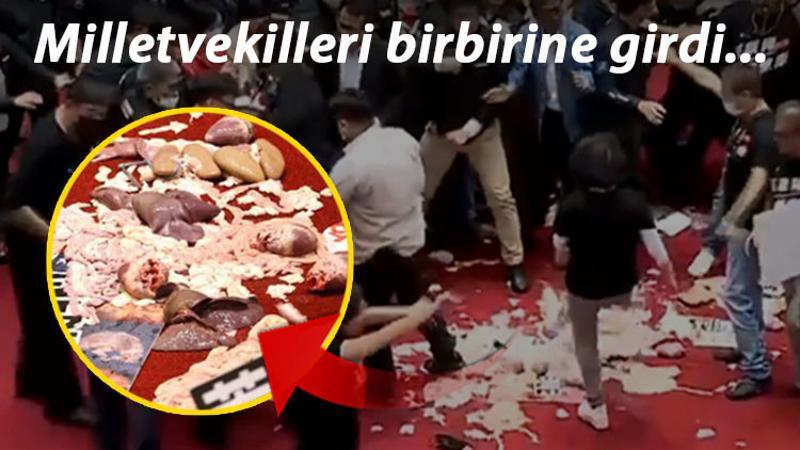 Tayvan parlamentosunda milletvekilleri birbirine bağırsak fırlattı