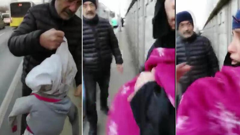 Akılalmaz görüntü! 'Kardeşler aç abi' pankartıyla dilenen kadının kucağından bez bebek çıktı