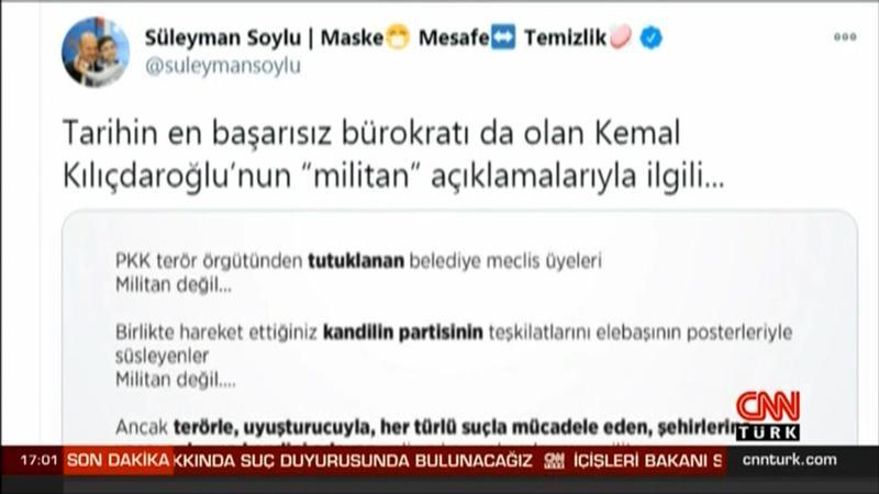 İçişleri Bakanı Süleyman Soylu, Kılıçdaroğlu hakkında suç duyurusunda bulunacağını ifade etti