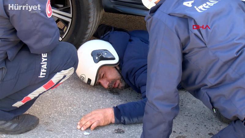 Ters yönden seyreden motosiklet sürücüsü, lüks cipin altında kaldı