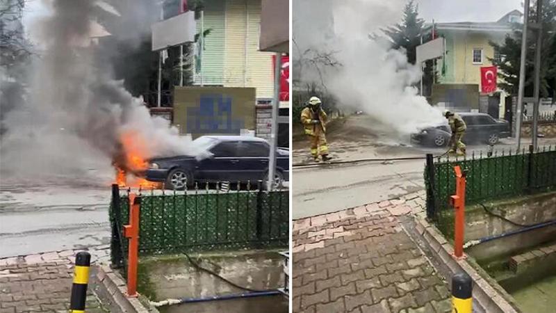 Ümraniye'de park halindeki otomobil alev alev yandı