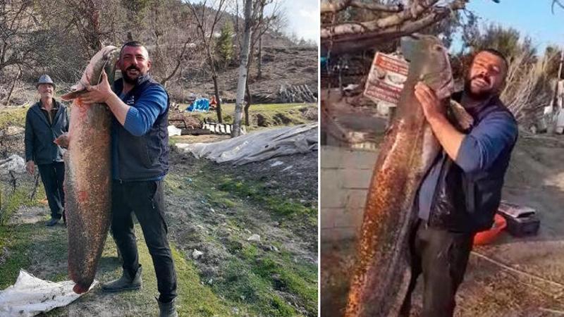 Burdur'da baraj gölünden 47 kiloluk yayın balığı yakaladı