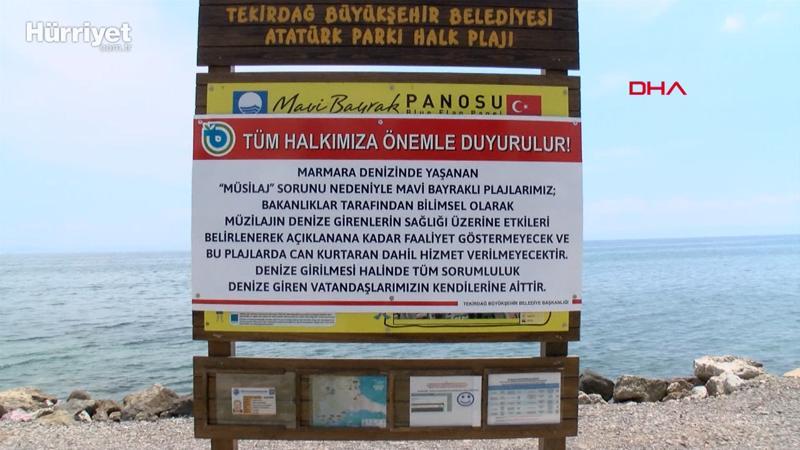Mavi bayraklı plajlara 'müsilaj nedeniyle denize girmeyin' tabelaları koyuldu