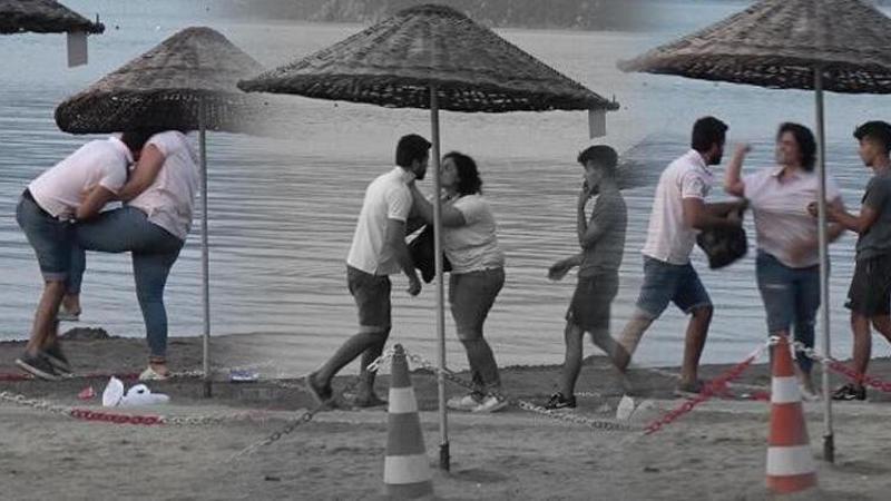 Kadın ile erkeğin Muğla'daki bir plajdaki tekme - tokat kavgası kamerada