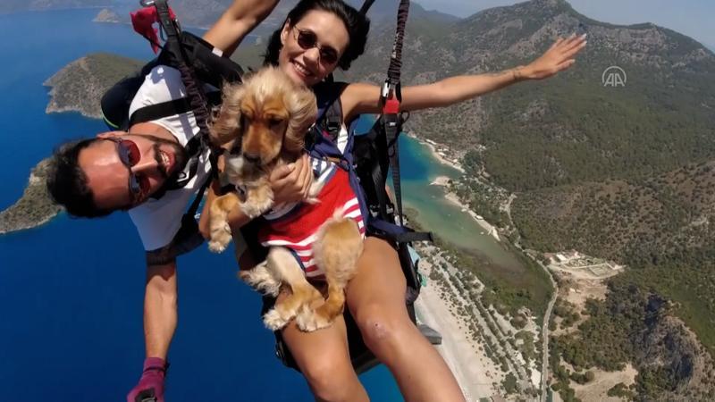 Ölüdeniz'in eşsiz manzarasında köpeği "Yager" ile yamaç paraşütü yaptı