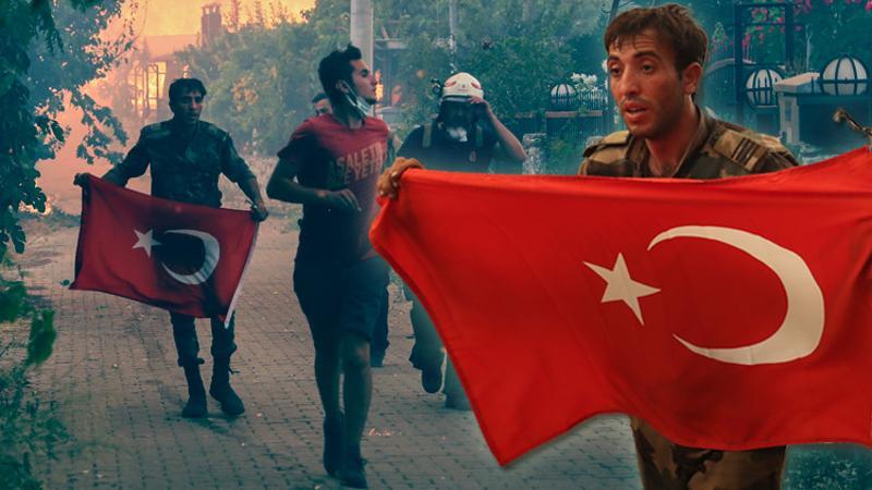 Marmaris'te orman yangınında görevli Azerbaycanlı itfaiyecilerin Türk bayrağı duyarlılığı