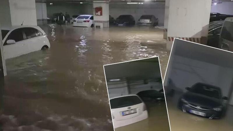 Şebeke hattı patladı, otoparktaki araçlar sular içinde kaldı