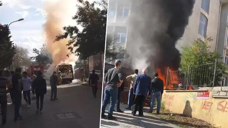 Tuzla'da park halindeki okul servisi alev alev yandı
