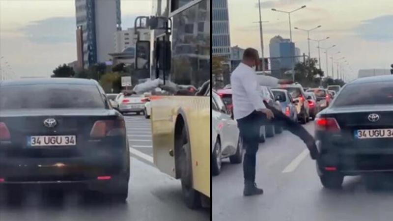 D-100 Karayolu'nda şerit kavgası: İETT şoförü otomobili tekmeledi