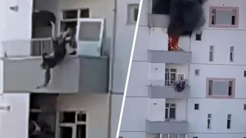 Niğde'de yangında balkondan atlayan kadını komşusu böyle yakaladı... O anlar kamerada