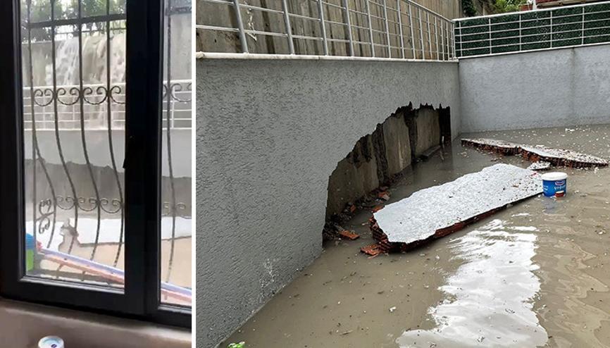 Avcılar Kaymakamlığı bahçesinden taşan su duvarı yıkarak evi bastı Avcılar Kaymakamlığı bahçesinden taşan su duvarı yıkarak evi bastı