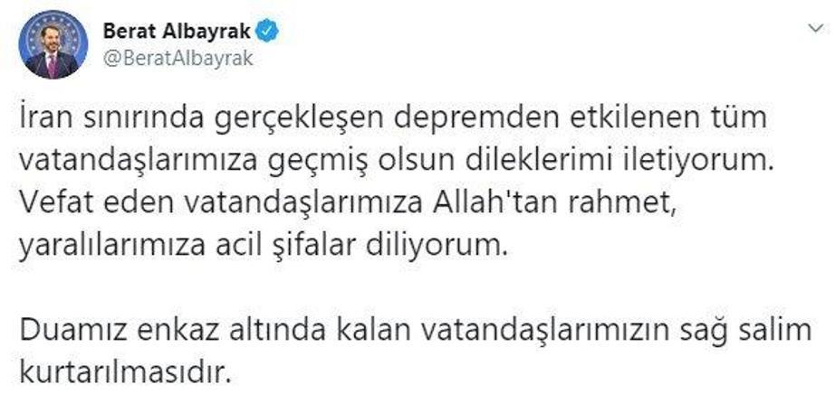 Bakan Albayrak'tan İran depremi hakkında açıklama